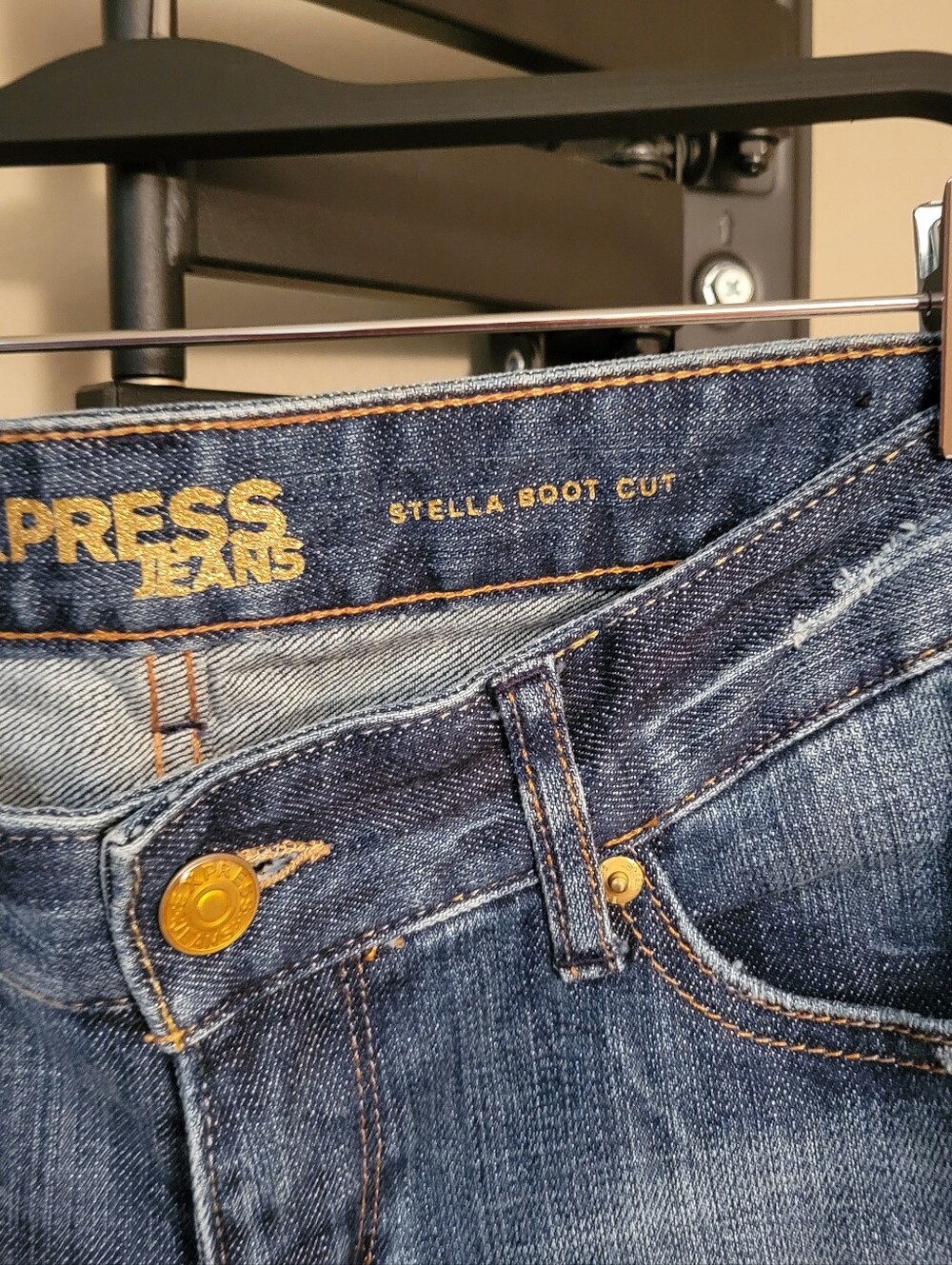 Express Stella Boot Cut Jeans - Dark Blue with Gold Stitching